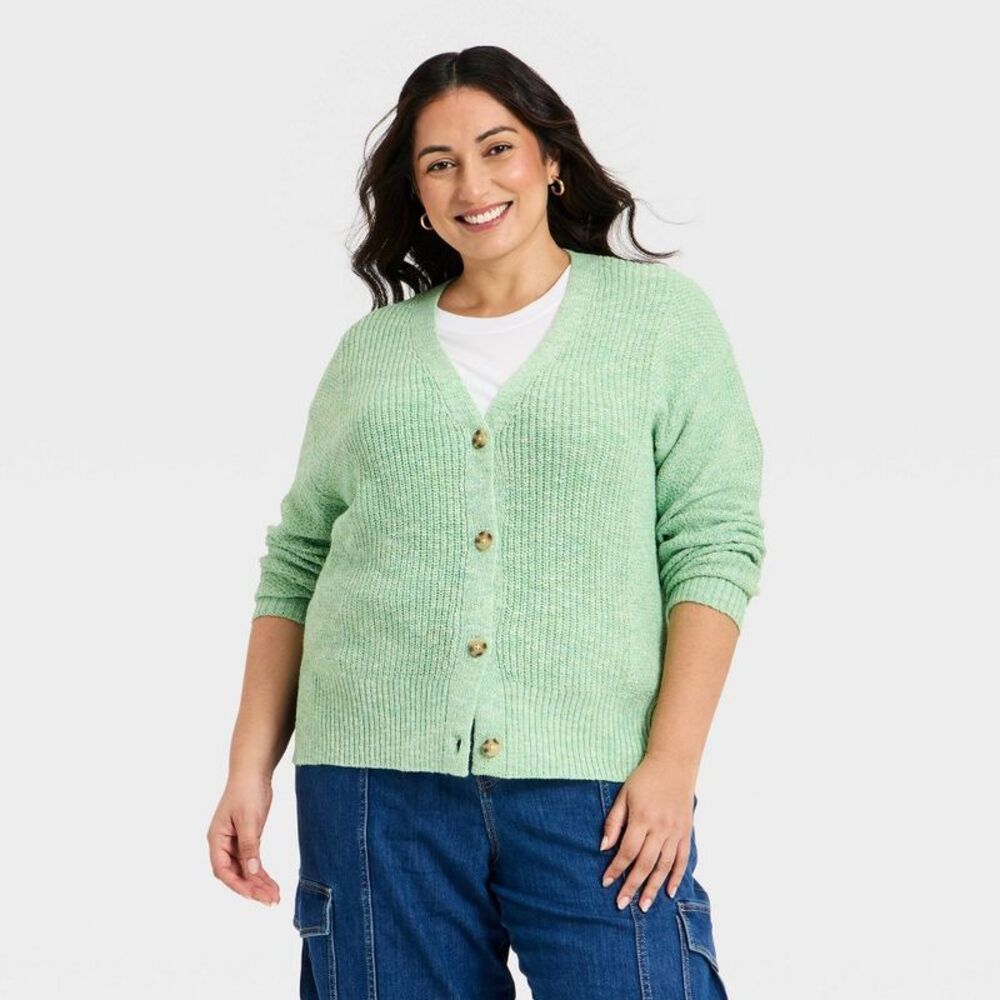 Women's Textured Stitch Button-Front Cardigan Sweater - Ava & Viv Green XXL